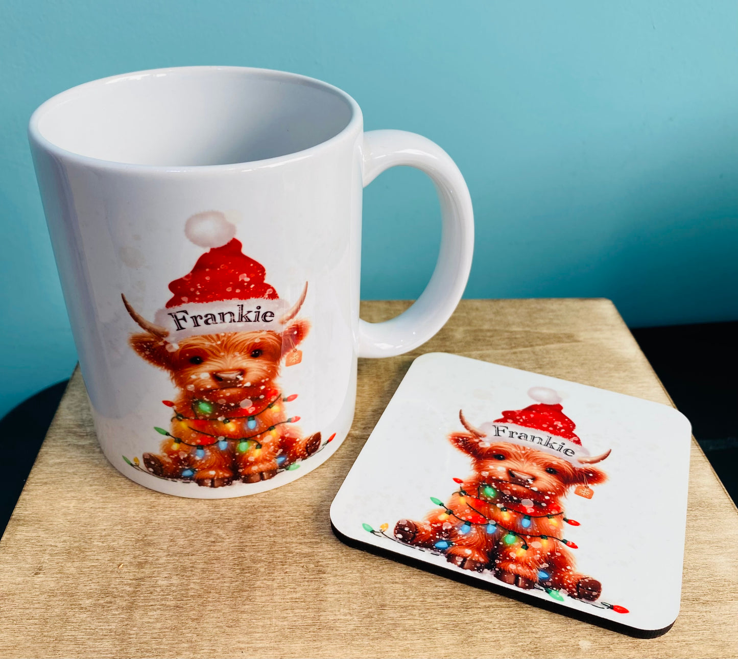 Christmas Highland Cow Personalised Mug and Coaster