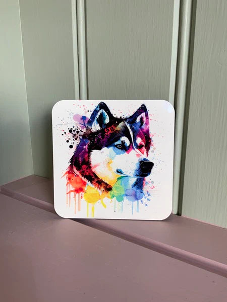 Husky Dog Mug & Coaster Rainbow Design 1