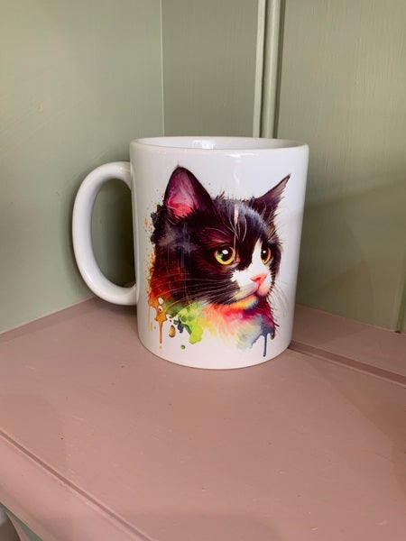 Black & White Cat Mug & Coaster Rainbow Design 1