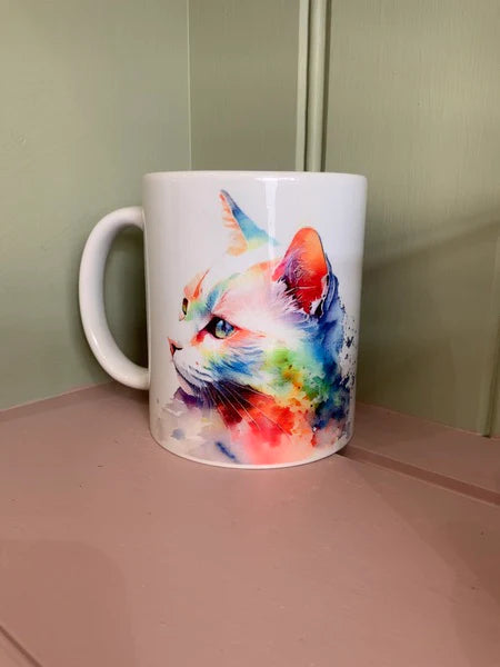 White Cat Mug & Coaster Rainbow