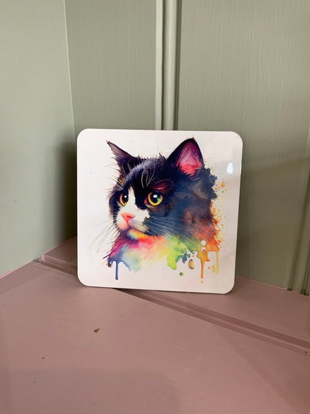 Black & White Cat Mug & Coaster Rainbow Design 1