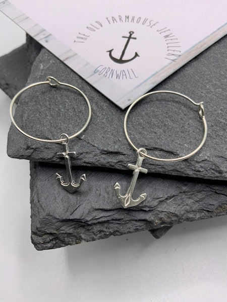 Anchor Charm Sterling Silver Hoop Earrings
