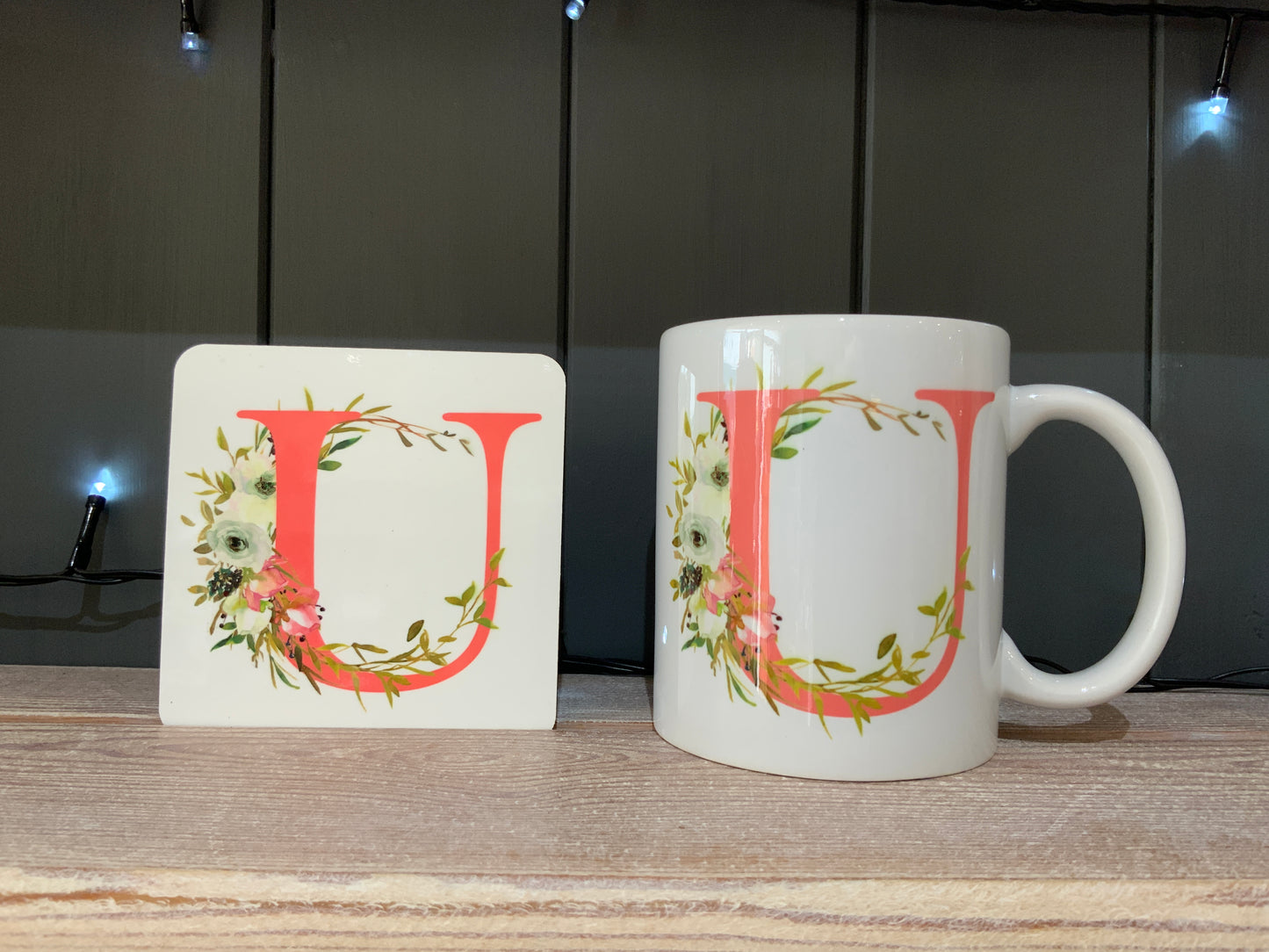 Pink Floral Initial Mug & Coaster