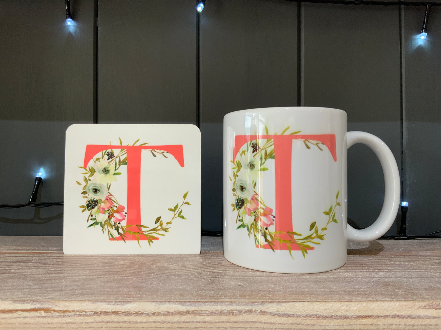 Pink Floral Initial Mug & Coaster