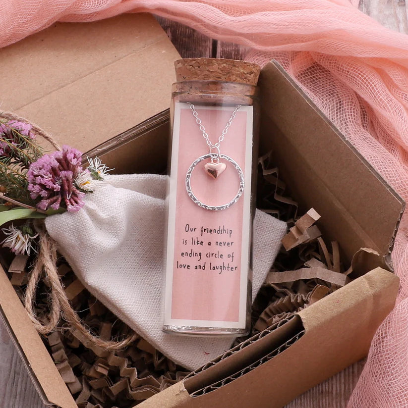 Friendship Silver and Rose Gold Circle Necklace - Message Bottle Necklace