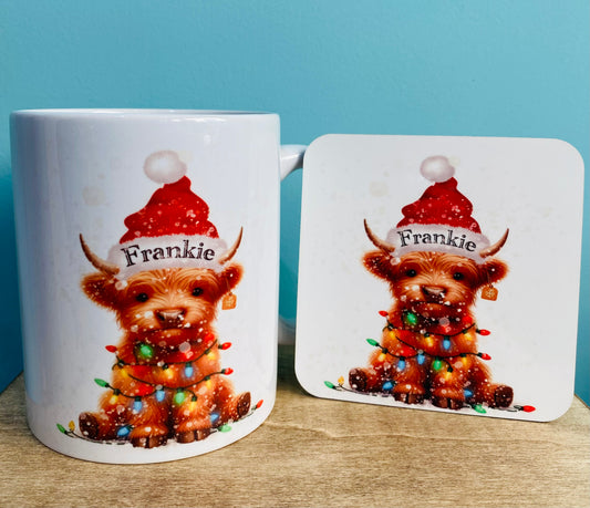 Christmas Highland Cow Personalised Mug and Coaster