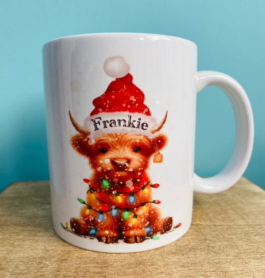 Christmas Highland Cow Personalised Mug and Coaster