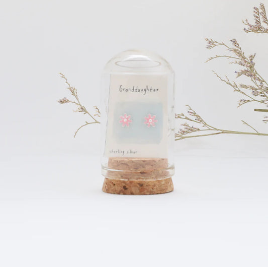 Grandaughter - Pink Blessing Flower - Message Bottle Earrings