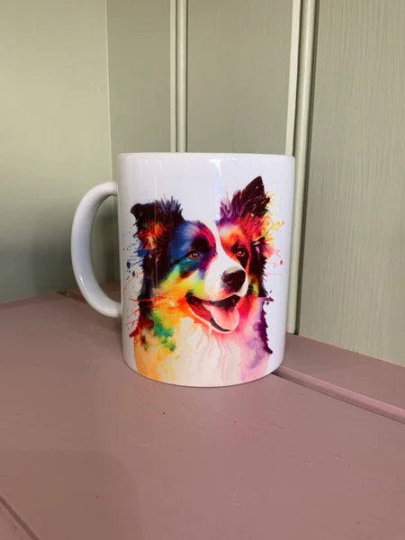 Border Collie Dog Mug & Coaster Rainbow Design 2