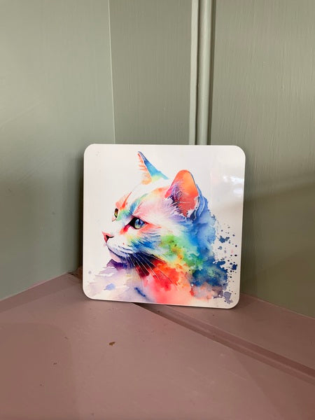 White Cat Mug & Coaster Rainbow