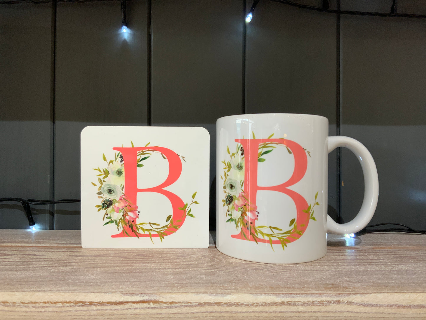 Pink Floral Initial Mug & Coaster