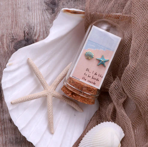 I Do Like To Be By The Sea - Asymmetric Shell and Starfish - Message Bottle Earrings