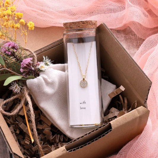 With Love - Crystal Inlaid Disc Necklace - Message Bottle Necklace