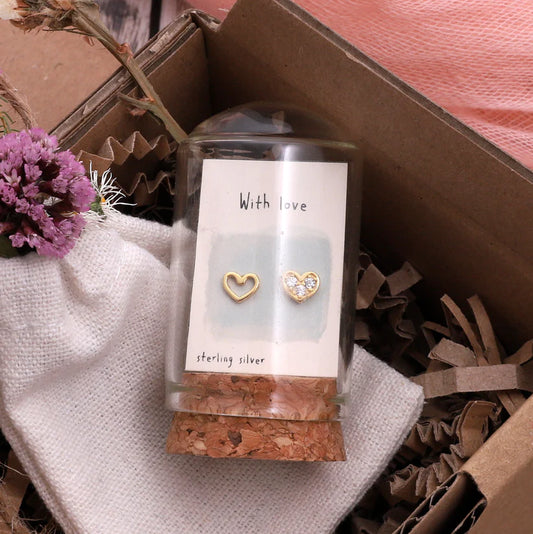 With Love Gold Plated Asymetric Heart Message Bottle Earrings