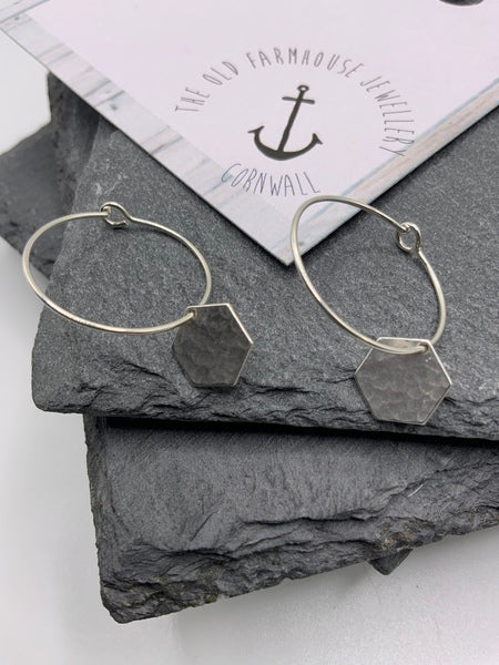 Hammered Hexagon Sterling Silver Hoop Earrings