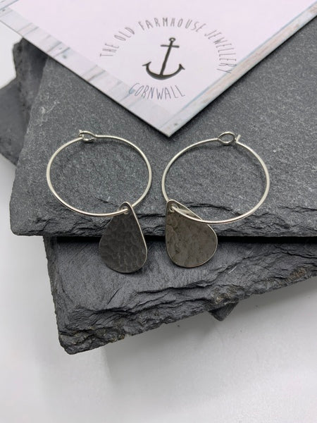 Hammered Tear Drop Sterling Silver Hoop Earrings