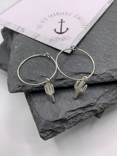 Cactus Charm Sterling Silver Hoop Earrings