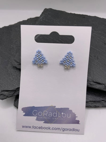 (132) Blue Christmas Tree Stud Earrings