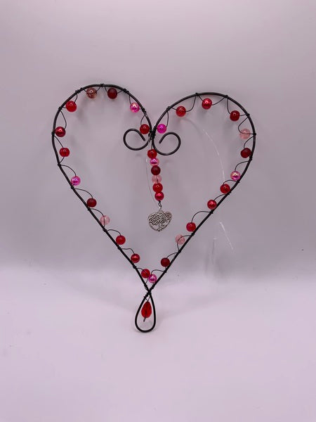 (265) Large Wire Wrapped Hanging Heart Pink/Red