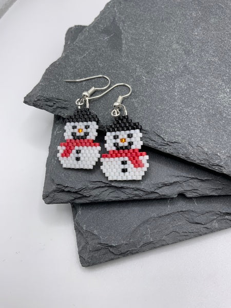 (132) Snowman Earrings Red Matte Scarf