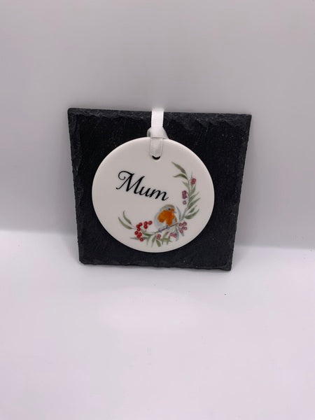 (223) Mum Robin - Red Berries Ceramic Circle Decoration