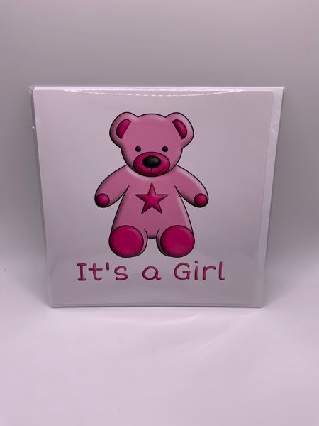 (107) New Baby Card Teddy It's a Girl Pink