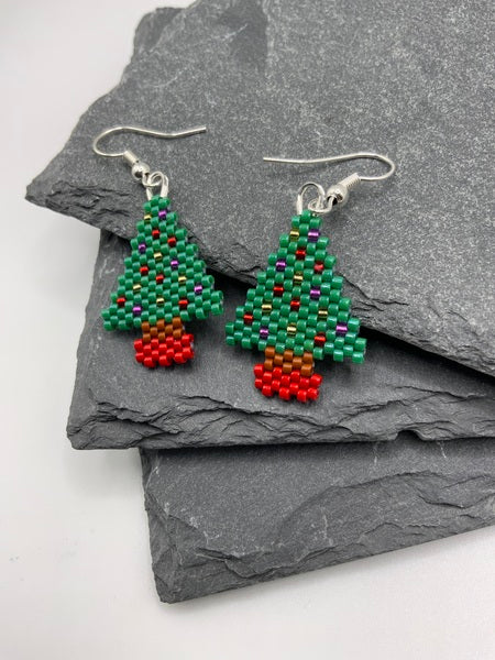 (132) Opaque Christmas Tree Earrings - Silver Plated