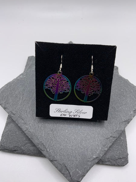 (224) Rainbow Tree Of Life Circle Drop Earrings