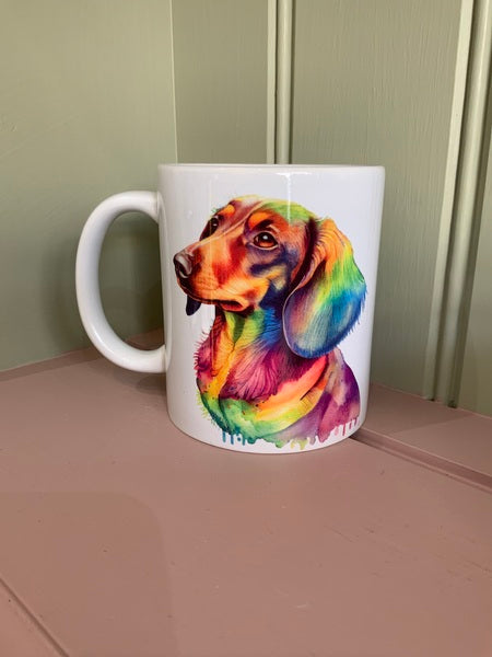 Dachshund Dog Mug & Coaster Rainbow Design 1