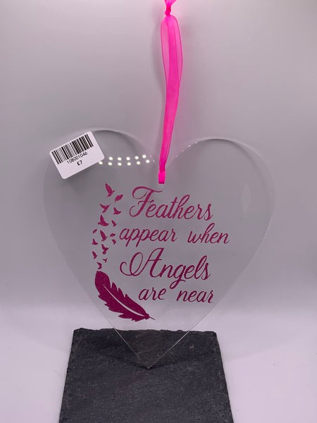 (108) Feathers Appear Clear Heart - Pink Font