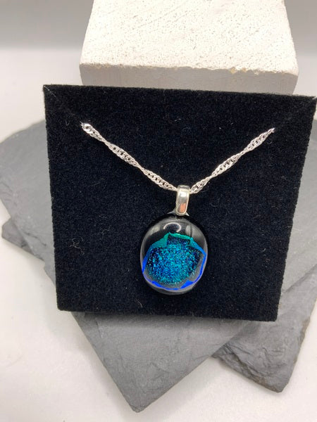 (224) Turquoise on Black  Dichroic Necklace