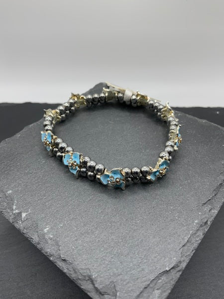 (157) Double Strand Blue Flowered Bracelet