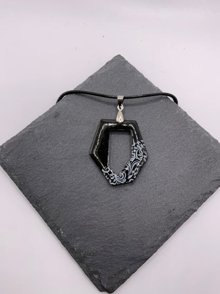 (261) Black & White Patterned Resin Necklace on Cord