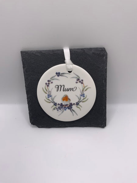 (223) Mum Purple Berries Ceramic Robin Heart