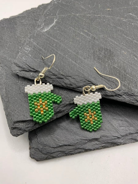 (132) Green Christmas Mitten Earrings