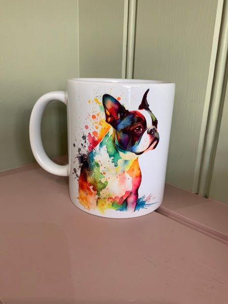 Boston Terrier Dog Mug & Coaster Rainbow Design 2
