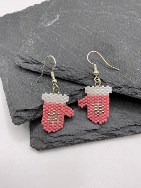 (132) Pink Christmas Mitten Earrings