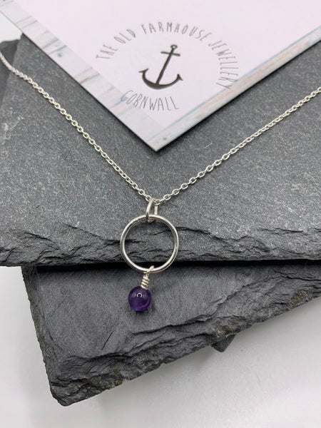 Amethyst - Mini Hoop Necklace with Semi-Precious Bead