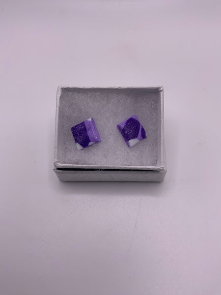 (107) Purple & White Polymer Clay Square Earrings