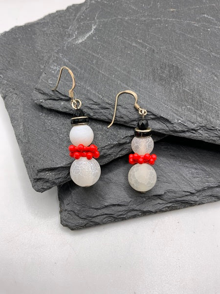 (132) Sterling Silver Snowman Earrings - Red Scarf