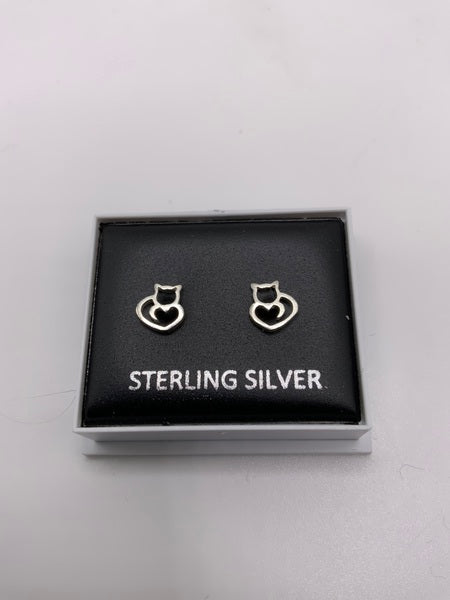 (224) Cat Heart Sterling Silver Studs