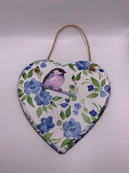 (187) Blue Flower Bird Slate Heart