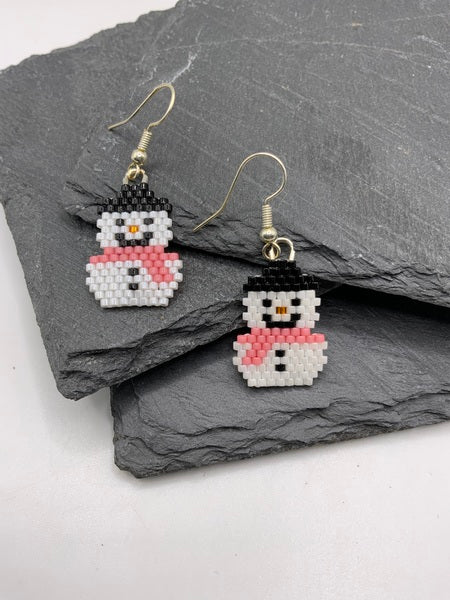 (132) Snowman - Pink Scarf Earrings