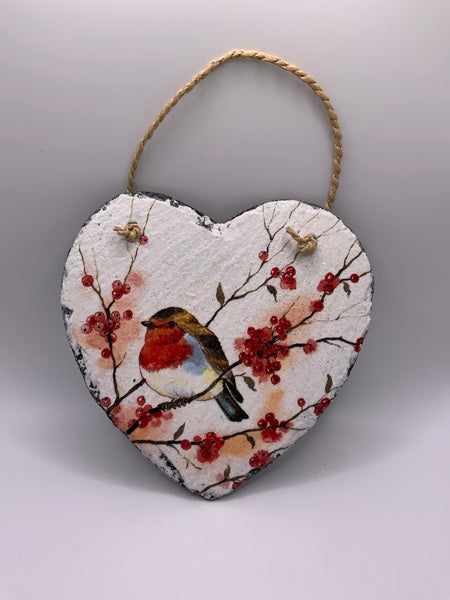 (187) Robin Blossom Decoupage Slate Heart