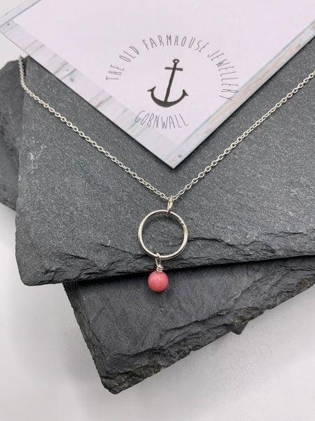 Coral - Mini Hoop Necklace with Semi-Precious Bead