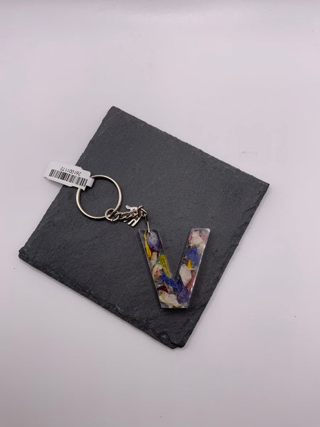 (261) V Floral Resin Lettered Keyring