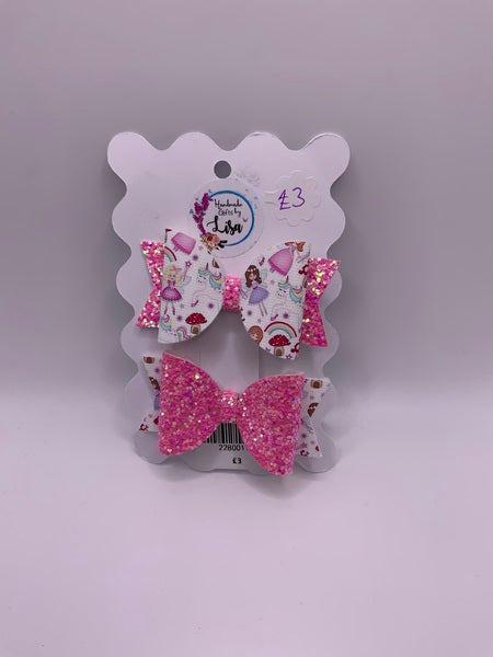 (228) Pink Dolly Bow Set of 2 Clips